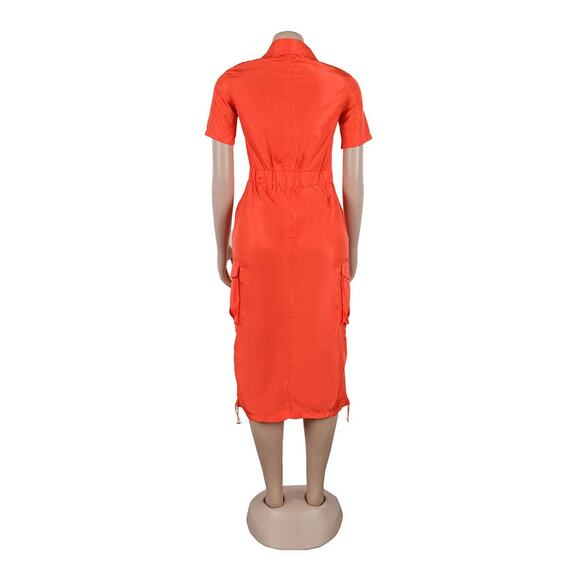 Rust Orange Multi-Pocket Cargo Drawstring Dress – Bold & Functional - Picture 6 of 16